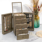 Meangood Jewelry Box Wood for Women, 5-Layer Large Organizer Box with Mirror & 4 Drawers for Rings, Earrings, Necklaces, Vint