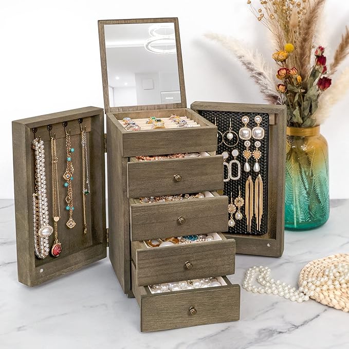 Meangood Jewelry Box Wood for Women, 5-Layer Large Organizer Box with Mirror & 4 Drawers for Rings, Earrings, Necklaces, Vint