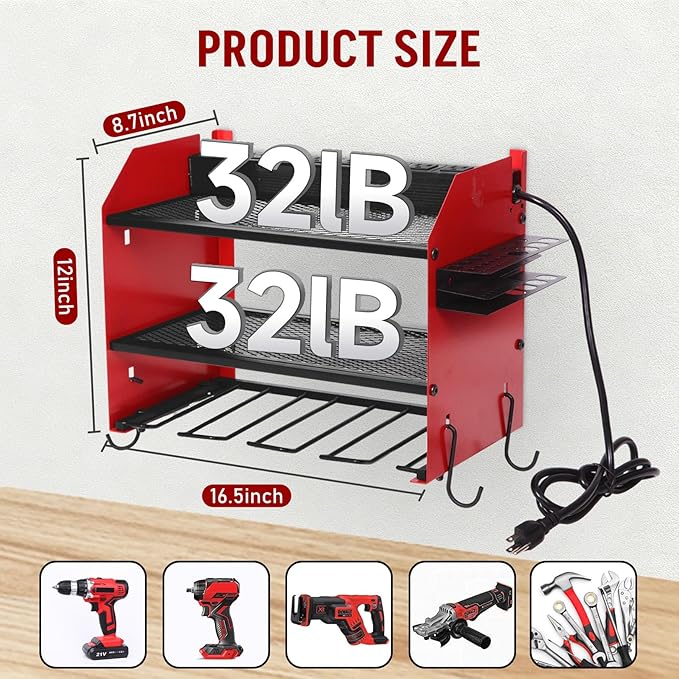 Power Tool Organizer Wall Mount with Charging Station, Heavy Duty 3 Layers Tool Storage Rack with 4 Cordless Drill Holder, Ba