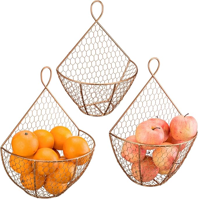 MyGift Set of 3, Farmhouse Copper Metal Wire Mesh Wall Hanging Baskets, Wall-Mounted Storage Basket, Decorative Kitchen Fruit