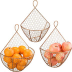 MyGift Set of 3, Farmhouse Copper Metal Wire Mesh Wall Hanging Baskets, Wall-Mounted Storage Basket, Decorative Kitchen Fruit