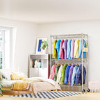 M MZG Heavy Duty Rolling Garment Rack 3 Tiers Adjustable Wire Shelving Clothes Rack with 2 Rods and Side Hooks,Storage Closet