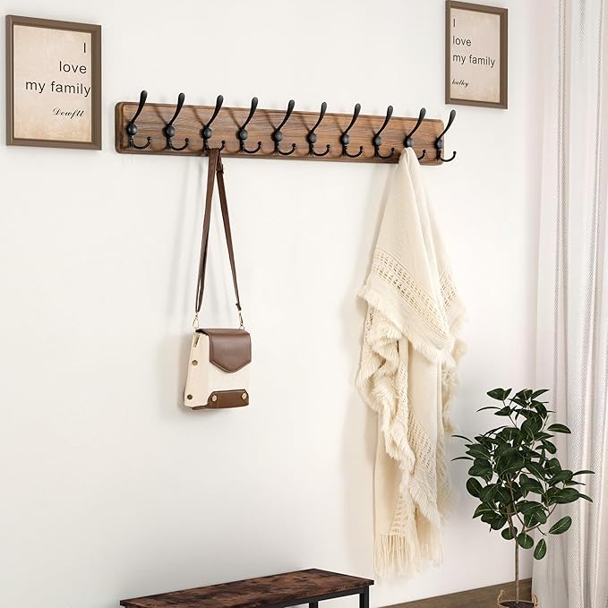 Dseap Coat Rack Wall - Heavy-Duty 38-1/4" Long, with Reinforced 10 Custom Tri-Hooks, Solid Wood Wall Hanger for Coats Hat Jac