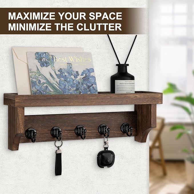 Key and Mail Holder Wall Mount, Key Holder with Shelf and Mail Organizer Wall Mount. Mail Holder with 5 Hooks for Coat, Dog L