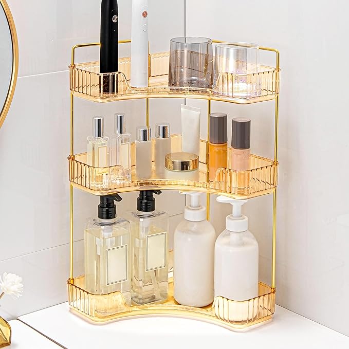 Corner Bathroom Counter Organizer Bathroom Countertop Shelf Makeup Organizer for Vanity Perfume Tray for Corner Storage (3 Ti