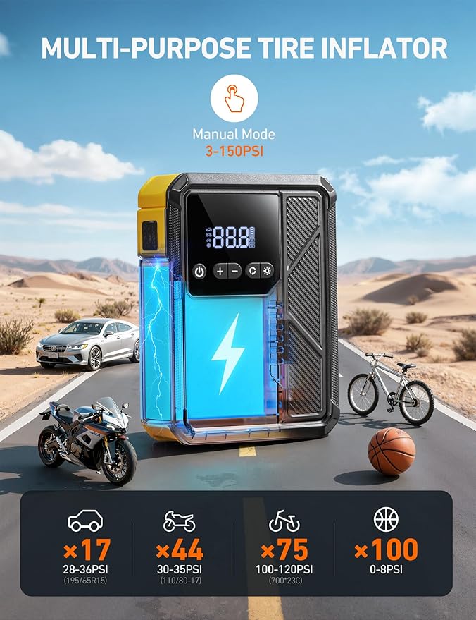 AstroAI Beta822 3000A Jump Starter with Air Compressor, 150PSI Portable Tire Inflator with Auto-Shutoff, 12V Car Battery