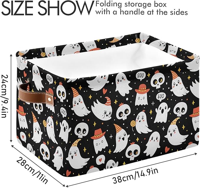 xigua Halloween Ghost Storage Basket Collapsible Storage Bins Waterproof Canvas Storage Basket with Leather Handles for Home 
