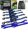 Rhino USA Retractable Ratchet Straps (4-Pack) - 1 Inch x 10 Feet (1,209lb Break Strength) - Auto Self Retracting Tie Down Straps for Truck, Cargo Trailer, Motorcycle, ATV, UTV - Blue
