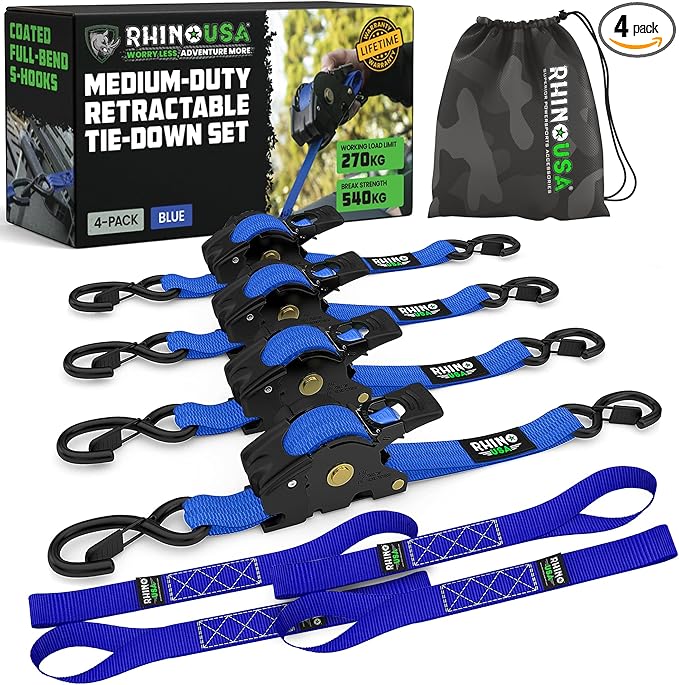 Rhino USA Retractable Ratchet Straps (4-Pack) - 1 Inch x 10 Feet (1,209lb Break Strength) - Auto Self Retracting Tie Down Straps for Truck, Cargo Trailer, Motorcycle, ATV, UTV - Blue