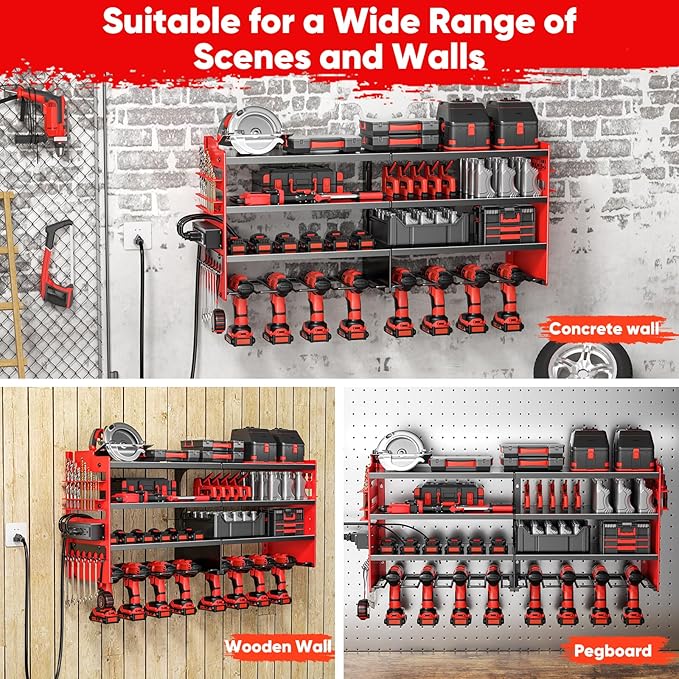 POKIPO Large Power Tool Organizer Wall Mount with Charging Station,4 Layer Heavy Duty Metal Tool Storage Shelf Loads 600lbs,B
