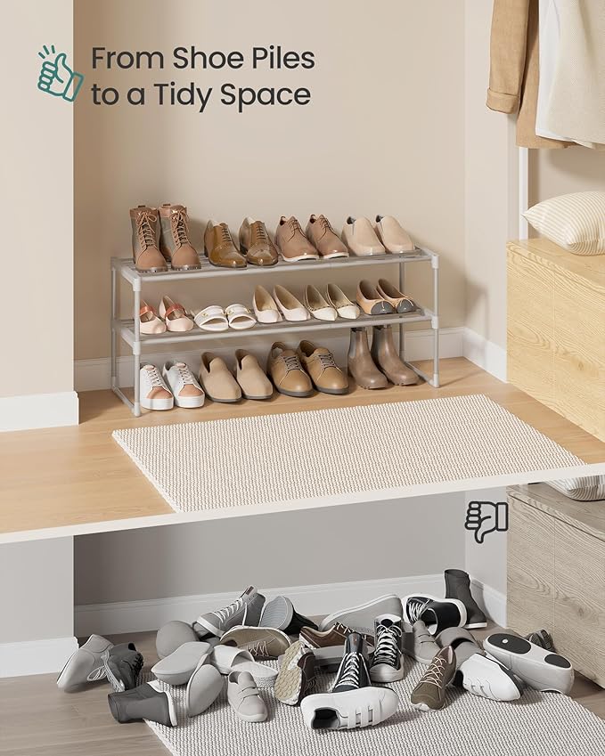 SONGMICS Shoe Rack, 2-Tier Shoe Organizer, Metal Storage Shelf, Upright or Upside Down, for 12-15 Pairs, Stackable, for Entry