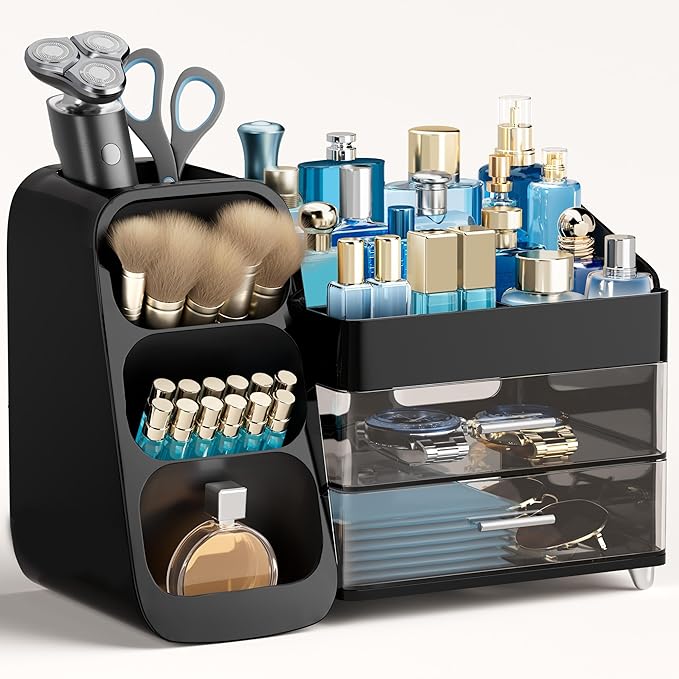 HBlife Makeup Organizer with Brush Holder for Vanity, Large Plastic Bathroom Countertop Organizer Cologne Organizer for Men, 