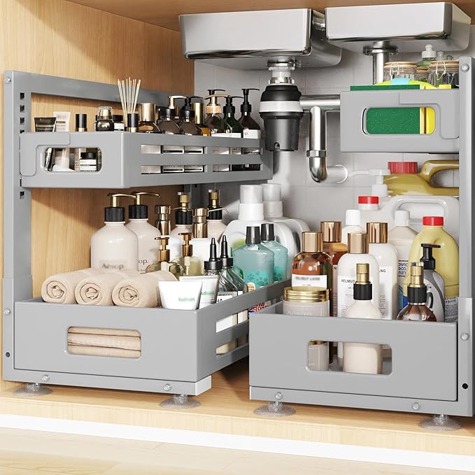 2 Pack 21IN-Depth Under Sink Organizer,Pull Out Cabinet Organizer With Smooth Cylindrical Rail,Metal Slide Out Drawer for Kit