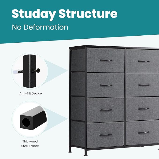 DUMOS 8 Drawer Dresser for Bedroom, Fabric Storage Organizer with Sturdy Metal Frame, Wooden Top Chest of Drawers for Closet 