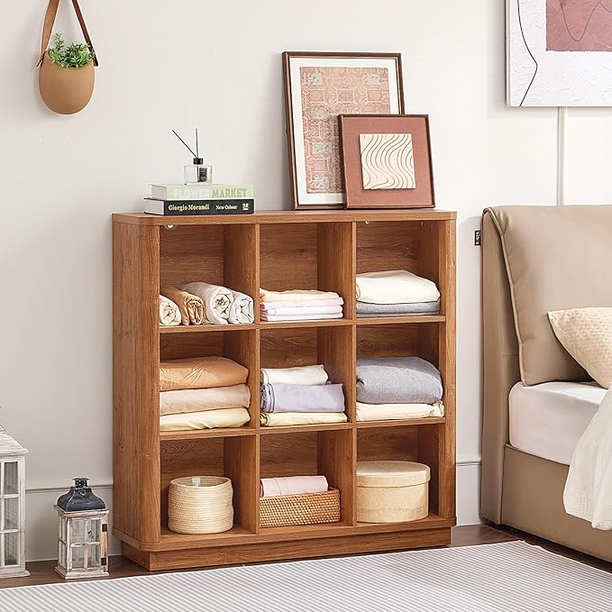 Joaxswe 9 Cube Storage Book Shelf, 40.5" Wide Organizer Bookshelf with Curved Edge, Wood Floor Standing 3-Tier Cubby Bookcase