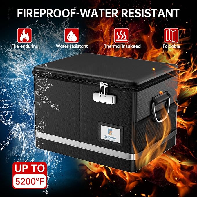 Fireproof Document Box,5200°F File Organizer Box with Lock,Foldable Filing Organizer Cabinet, Portable Safe Storage for Hangi