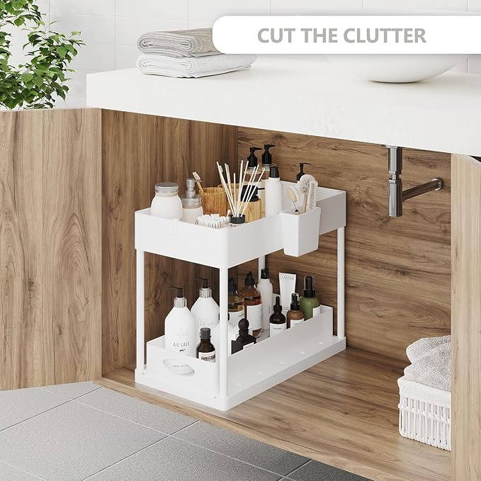 Under Sink Organizers and Storage, Bathroom Cabinet Organizer, Sink Shelf with Utility Hooks and Side Caddy for Under Cabinet