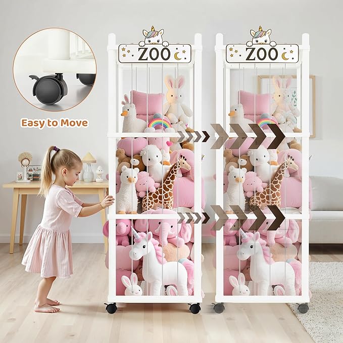 Stuffed Animal Storage Zoo Tower,56In Wooden Large Stuffed Animal Holder Organizer with Wheels,Stuffy Plushies Storage with E