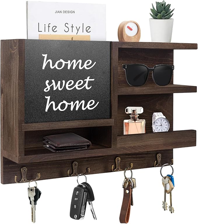 WEWEOW Key Holder for Wall, Mail Organizer Wall Mount with Key Hooks and Chalkboard & Mirror for Sunglasses Storage and Dog L