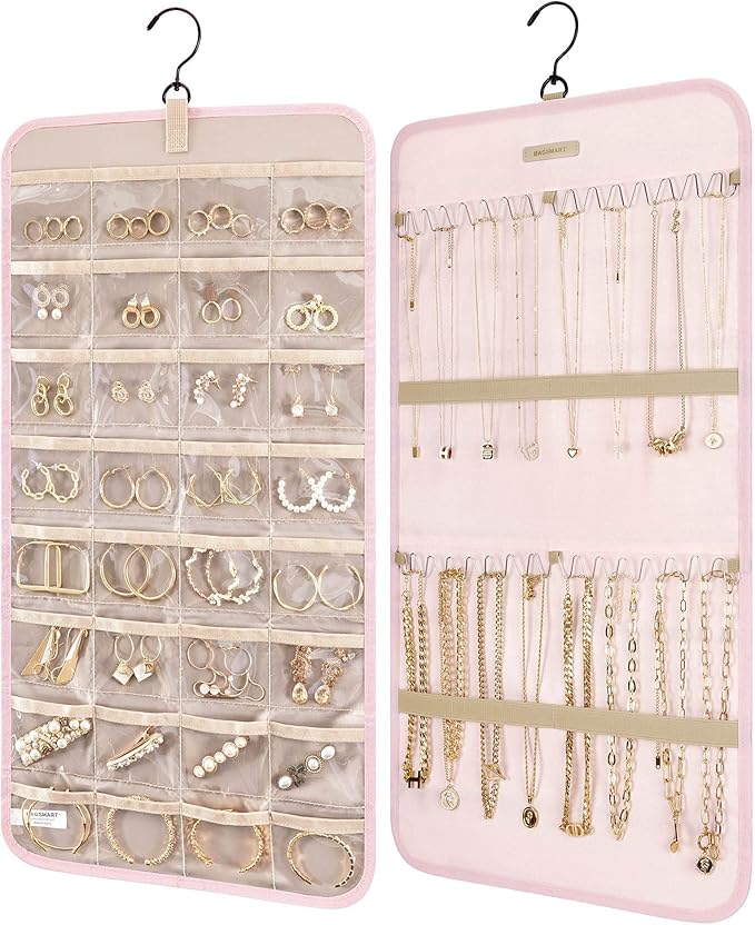 BAGSMART Hanging Jewelry Organizer Storage Roll with Hanger Metal Hooks Double-Sided Jewelry Holder for Earrings, Necklaces, 