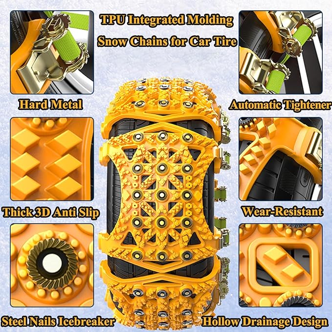 Snow Chains for Car Tires 6 Pack, Emergency Anti Slip Tire Chains for SUV/Trucks/ATV, Adjustable Universal Winter Security Ch
