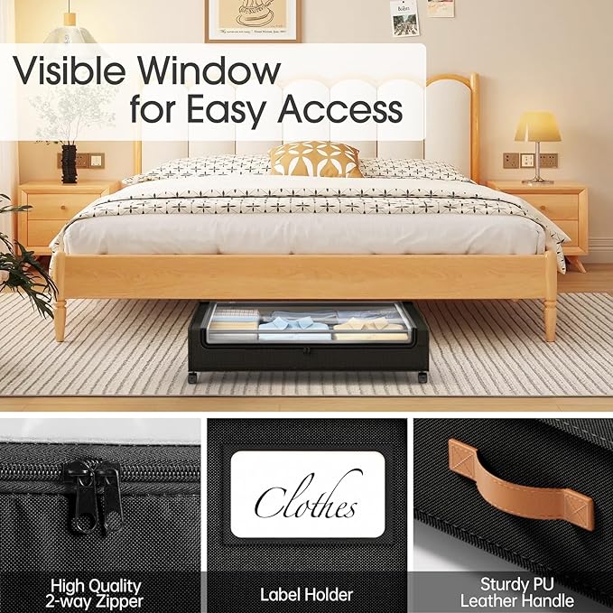 Yecaye 60L Under Bed Storage with Wheels, 2 Pack Under Bed Storage Containers, Underbed Shoe Storage with Clear Window & Labe