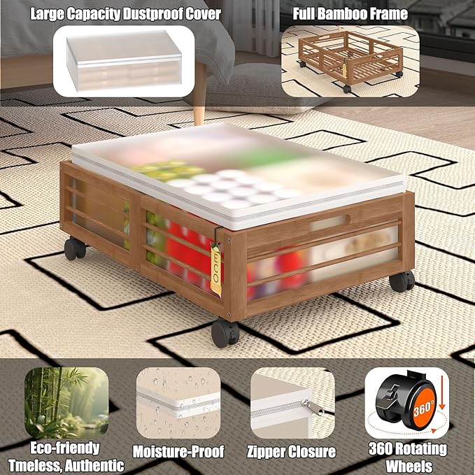 Bamboo Underbed Storage Containers with Wheels & Bag 2 Pack, Large Under Bed Rolling Storage Bins Wood Under Bed Clothes Stor