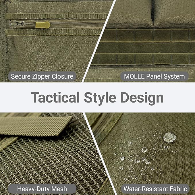 Tactical Car Seat Organizer with Multiple Pockets, MOLLE Panel System & Mesh Compartments, Durable Nylon Universal Vehicle Seat Back Storage with Cup Holder, Water-Resistant (Army Green)