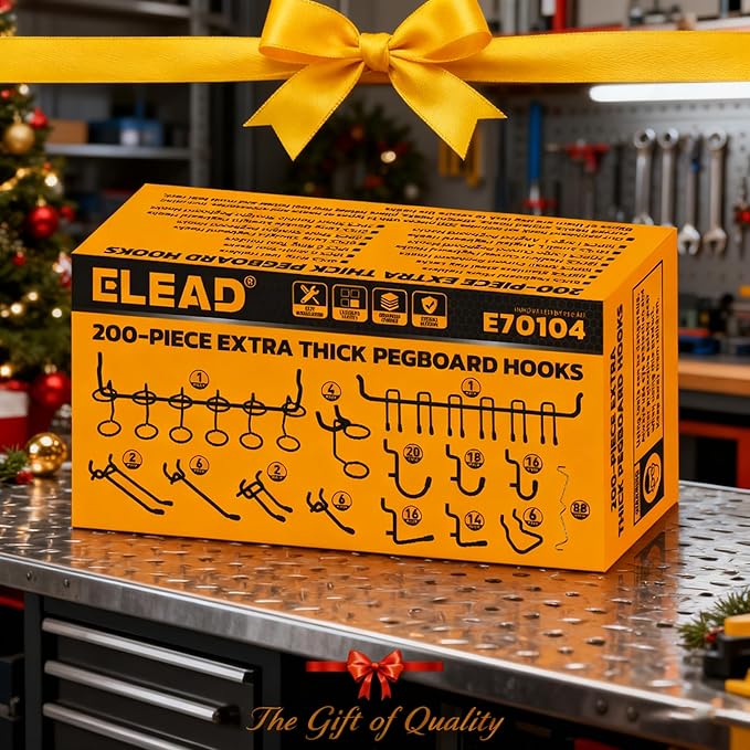 ELEAD 200-Piece Extra Thick Pegboard Hooks Set, 1/4" Heavy Duty Black Peg Board Organizer Accessories, Metal Pegboard Accesso