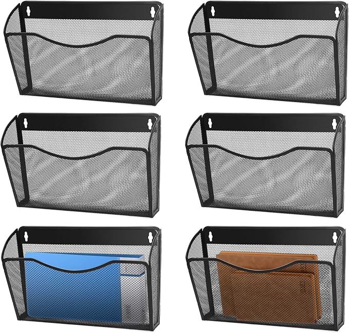 Flexzion Wall Folder File Letter Pocket Holder (6 Pack) Metal Mesh Desk Hanging Basket Box Bin Mail A4 Size Paper Document Or