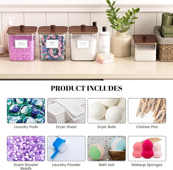 Laundry Pods Storage Container, Clear Laundry Room Organization and Storage,Detergent Powder Container,with Wooden Lids & Lab