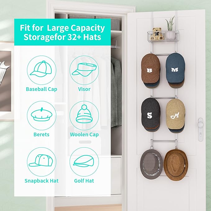 HapiRm Over Door Hat Rack - Wall Mounted Hat Organizer with 6 Hooks and Metal Basket Design, Baseball Cap Organizer Storage H