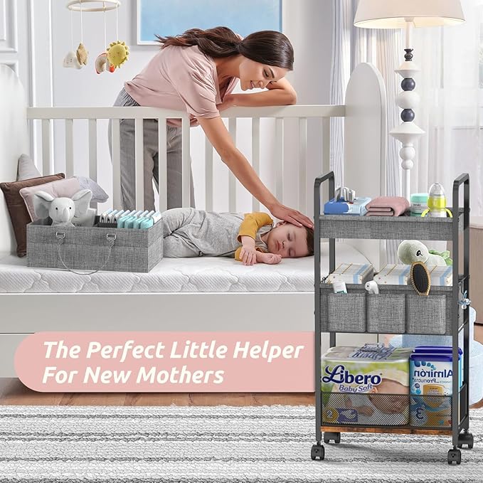 LIDTOP 2In1 Baby Diaper Caddy & 3-Tier Rolling Diaper Cart, Diaper Caddy Organizer Cart with Dividers, Mobile Metal Utility C