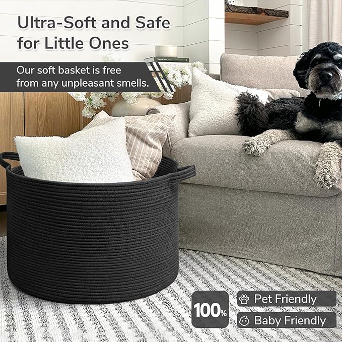 INDRESSME XXXLarge Blanket Basket 21.7" x 21.7" x 13.8" Woven Storage Baskets Soft Cotton Rope Toy Baskets Storage Kids Decor