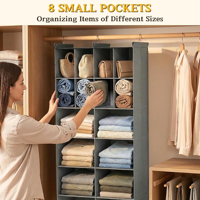 Ofiray-home 6 Tier Hanging Closet Organizer, 16 Compartments Sweater Organizer for Closet with 3 Sturdy Hooks, Closet Organiz