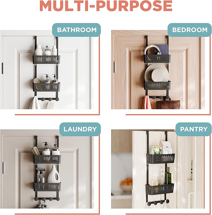 Zenna Home SnugFit Over the Door Caddy Organizer with 2 Storage Baskets and 4 Hooks, Over Door Hanging Organizer for Bathroom