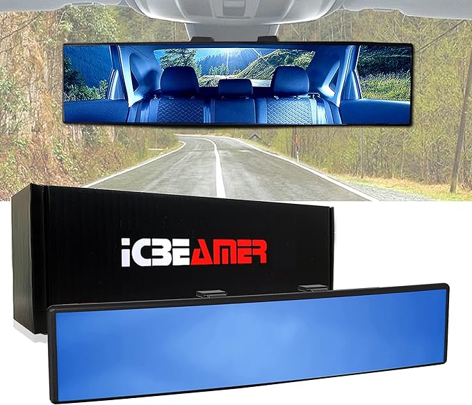 9.4" ICBEAMER Clip On Rear View Mirror | Flat Blue Tint, Panoramic Wide Angle HD Glass, Anti Glare, Universal Fit for Car, SUV, Truck | Eliminates Blind Spots (1 Pack)