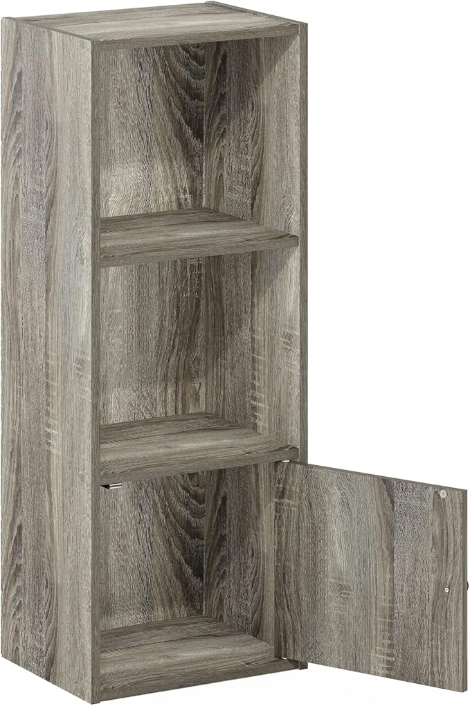 Furinno LUDER Book Shelf, 3-Tier Modern Bookshelf, Bookcase with 1 Door Storage Cabinet, 9.3 x 12 x 31.5, for Organization an
