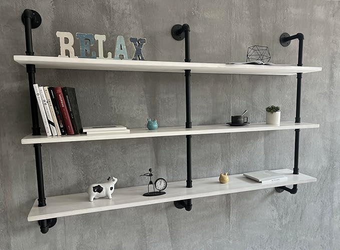 Industrial Pipe Shelving Rustic White Pipe Wall Shelves Industrial Shelves with Wood Planks Floating Shelves 60 Inch Farmhous