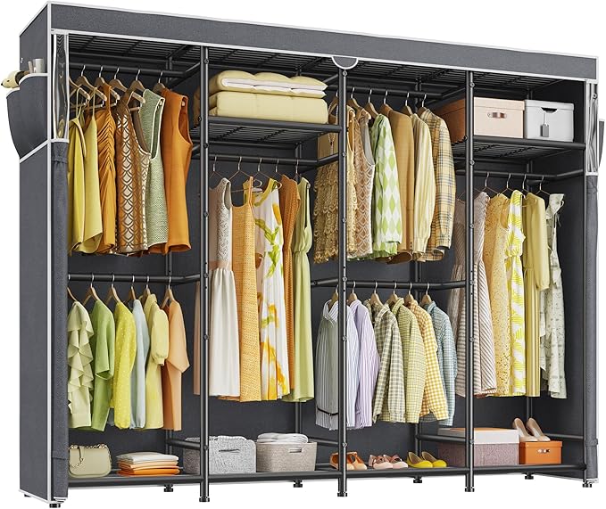 Raybee Clothes Rack with Cover, Heavy Duty Clothing Rack for Hanging Clothes, Adjustable Metal Portable Closet for Bedroom 77