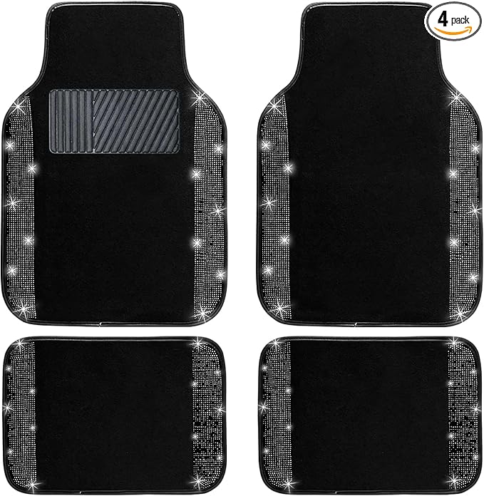 NBTEPEM Black Bling Car Floor Mats Full Set, Universal Fit Most Cars,SUV, Trucks, 4 pcs Sparkle Glitter Diamond Carpet for Women Girls with Anti-Slip Pad (Black Diamond)