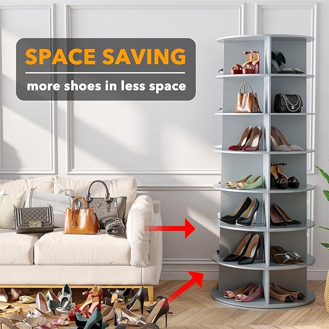 SpaceAid 7 Tier Rotating Shoe Rack Tower, Spinning Shoe Display Lazy Susan, Revolving 360 Shoe Rack Storage Round Carousel, V