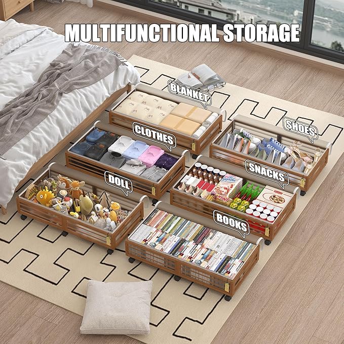 Bamboo Underbed Storage Containers with Wheels & Bag 2 Pack, Large Under Bed Rolling Storage Bins Wood Under Bed Clothes Stor