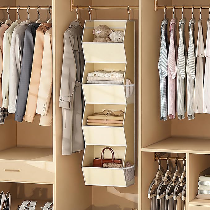 Hanging Closet Organizer 4 Shelf Collapsible Fabric Closet Organizers and Storage Hanging with Mesh Pocket for Clothes, Hangi