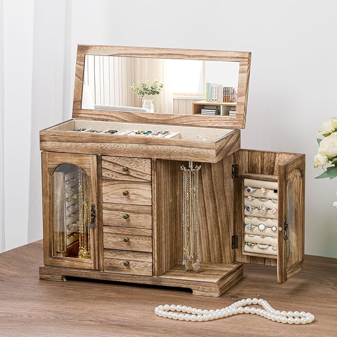 Miratino Jewelry Box for Women Girls, Rustic Wooden Jewelry Organizer Box with Mirror, 5 Layer Jewelry Storage Case Display f