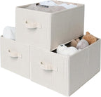 StorageWorks Foldable Shelf Organizer Bins, Closet Storage Baskets for Clothes, Fabric Storage Bins for Shelves, Beige Stripe