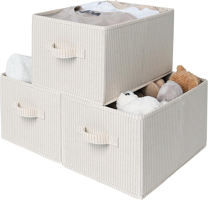 StorageWorks Foldable Shelf Organizer Bins, Closet Storage Baskets for Clothes, Fabric Storage Bins for Shelves, Beige Stripe