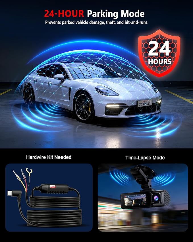 4K+2K+2K 3 Channel Dash Cam Front and Rear, 128GB Card Included, Dash Camera for Cars 5.8G/2.4G Dual Wifi, Built-in GPS, Nigh