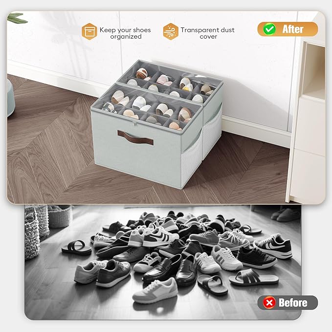 Budding Joy 2 Pack Shoe Organizer for Closet, Clear Foldable Shoe Storage Containers Adjustable Dividers Fits 16 Pairs,Shoe S