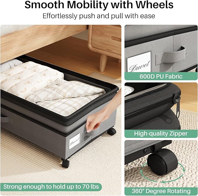 Kitstorack 4 Pack Height-adjustable Under Bed Storage with Wheels, Under Bed Storage Containers,Under Bed Shoe Storage Organi